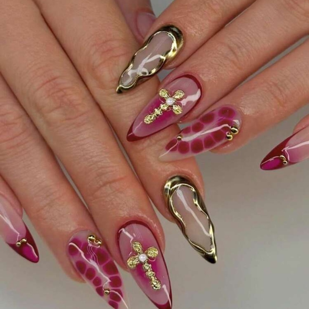 24Pcs Long Almond 3D Gelnails Makes Flower Nails Design French Tip Press On Nail - Picture 2 of 4